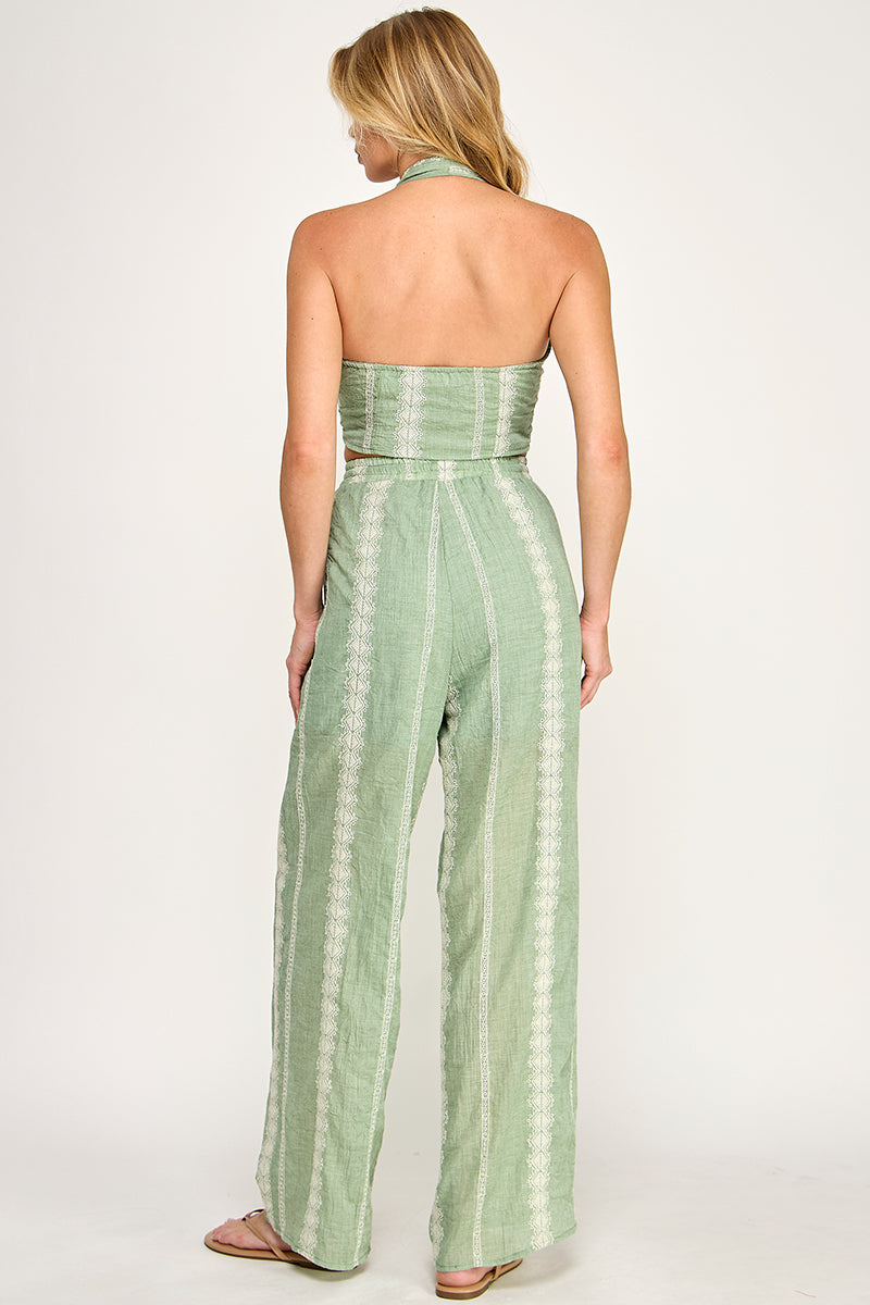 EMBROIDEREDTIE FRONT HALTER TOP AND PANTS SET