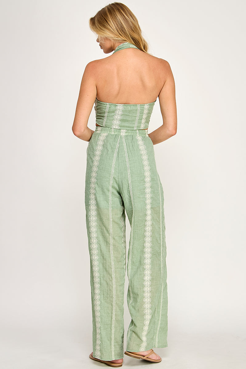 EMBROIDEREDTIE FRONT HALTER TOP AND PANTS SET