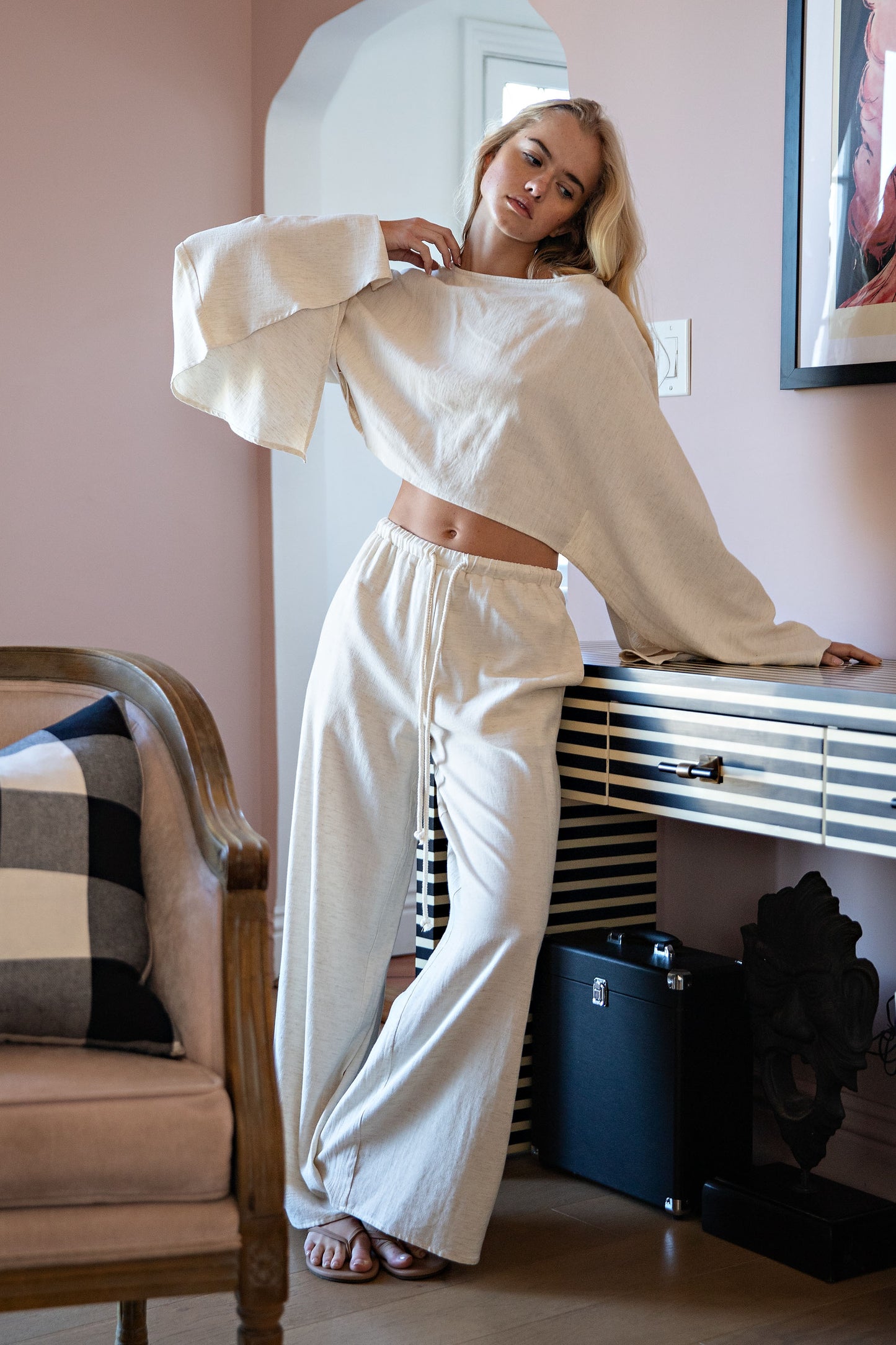LINEN DOLMAN SLEEVE TOP AND WIDE LEG PANTS SET