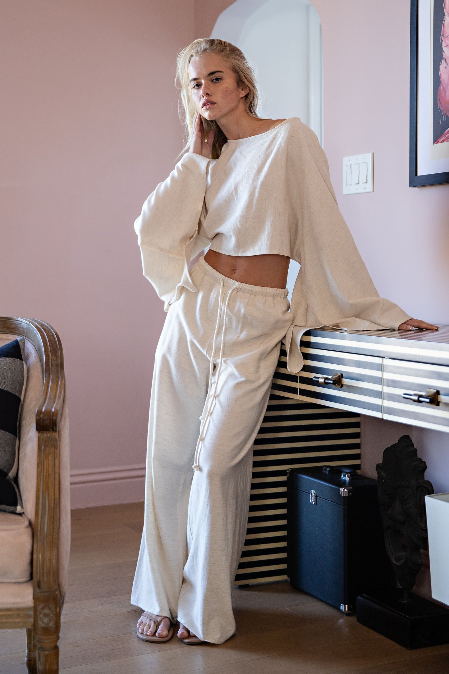 LINEN DOLMAN SLEEVE TOP AND WIDE LEG PANTS SET