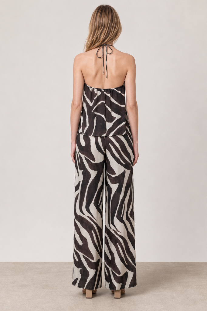 Zebra Print Halter Top & Wide-Leg Pants Set