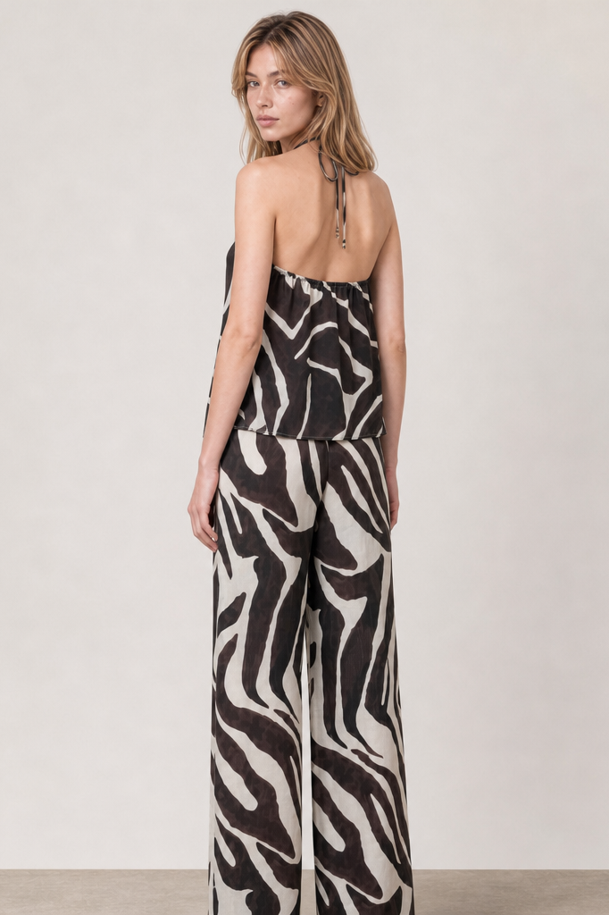 Zebra Print Halter Top & Wide-Leg Pants Set