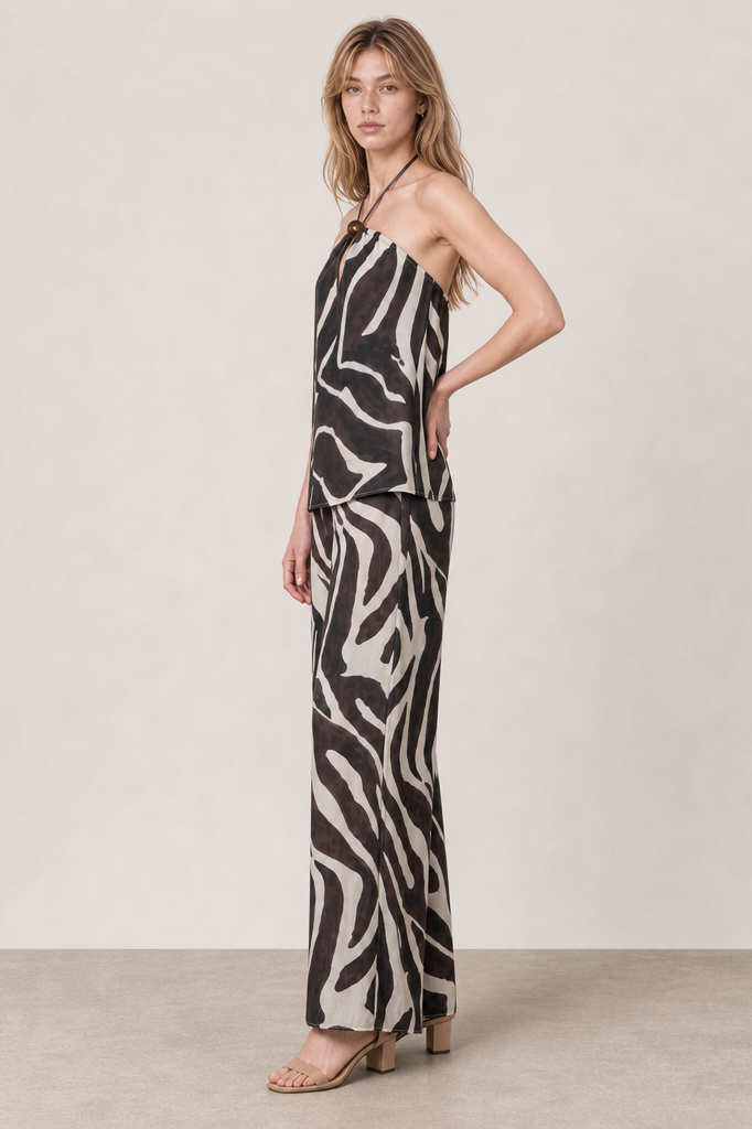 Zebra Print Halter Top & Wide-Leg Pants Set