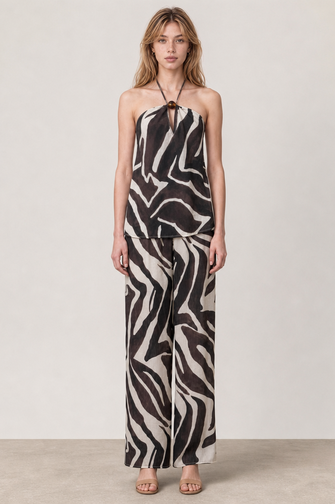 Zebra Print Halter Top & Wide-Leg Pants Set