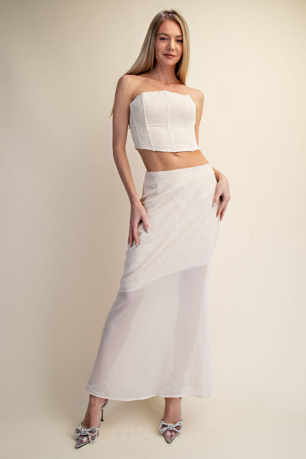 LACE CORSET TOP & SHEER MAXI SKIRT SET - OFF WHITE