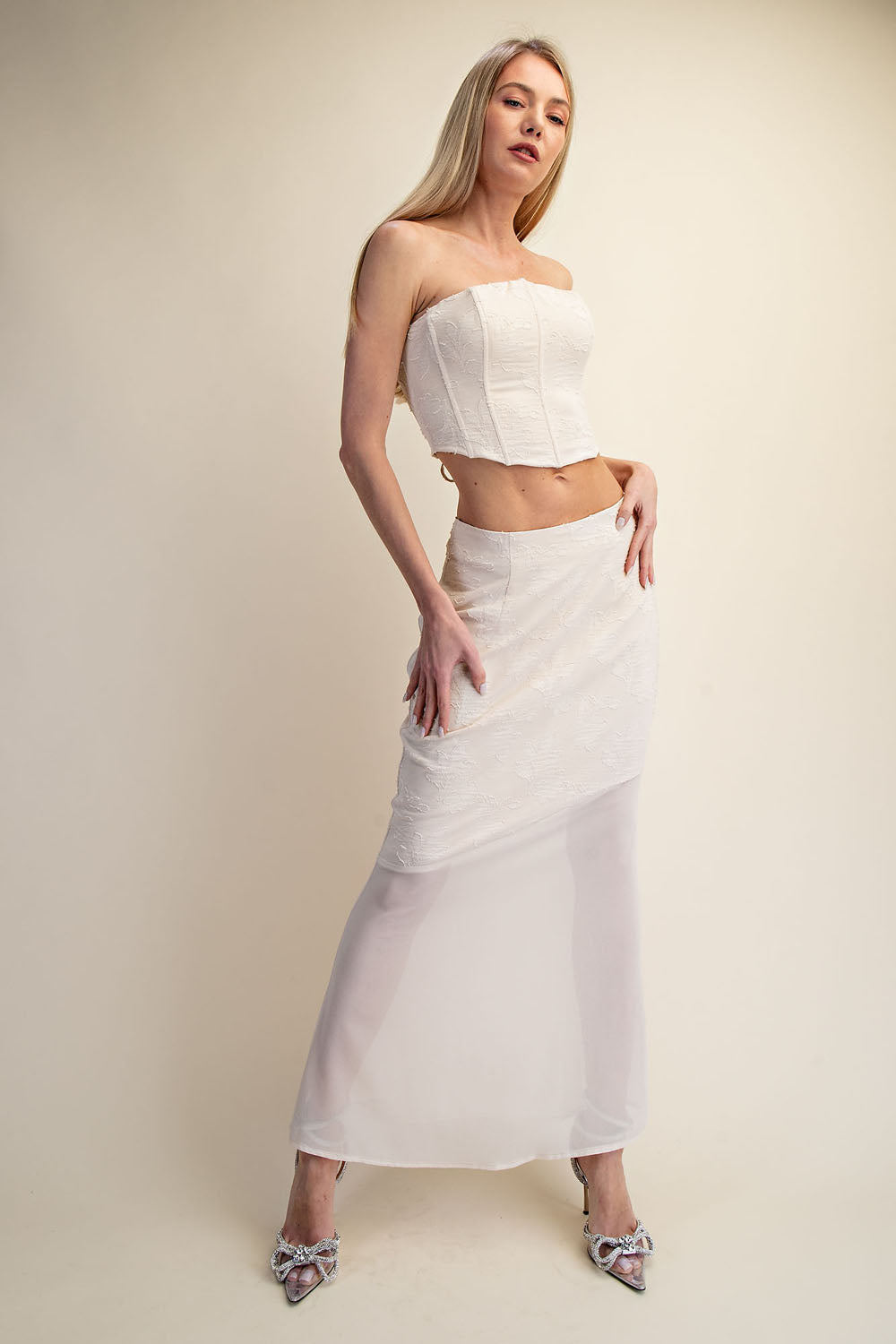 LACE CORSET TOP & SHEER MAXI SKIRT SET - OFF WHITE