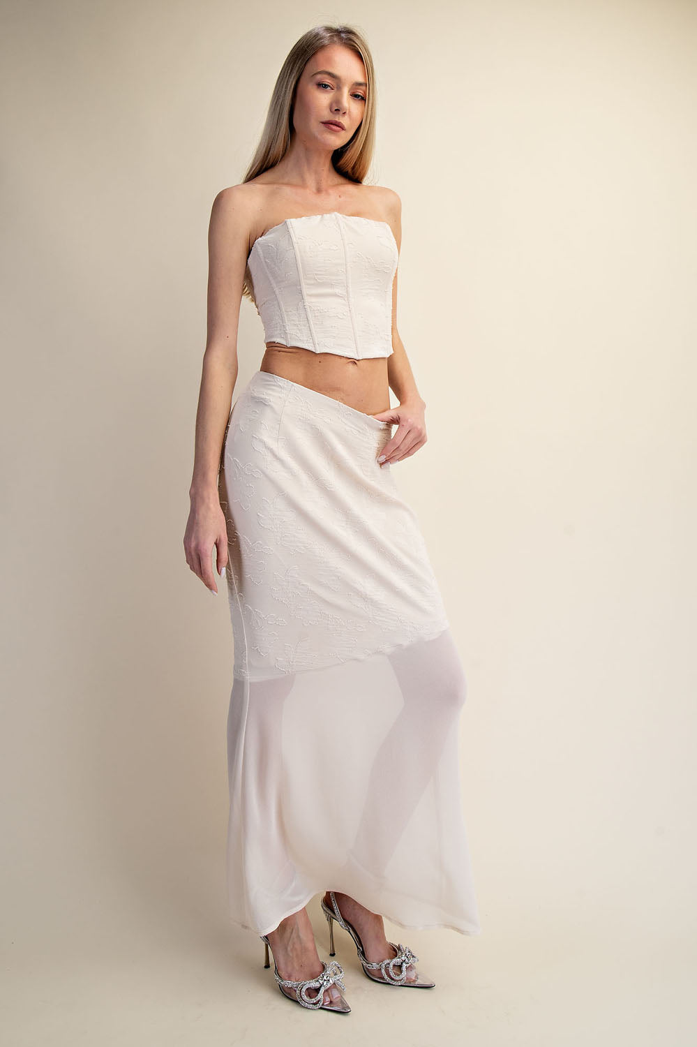 LACE CORSET TOP & SHEER MAXI SKIRT SET - OFF WHITE