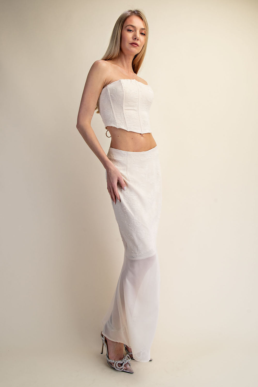 LACE CORSET TOP & SHEER MAXI SKIRT SET - OFF WHITE