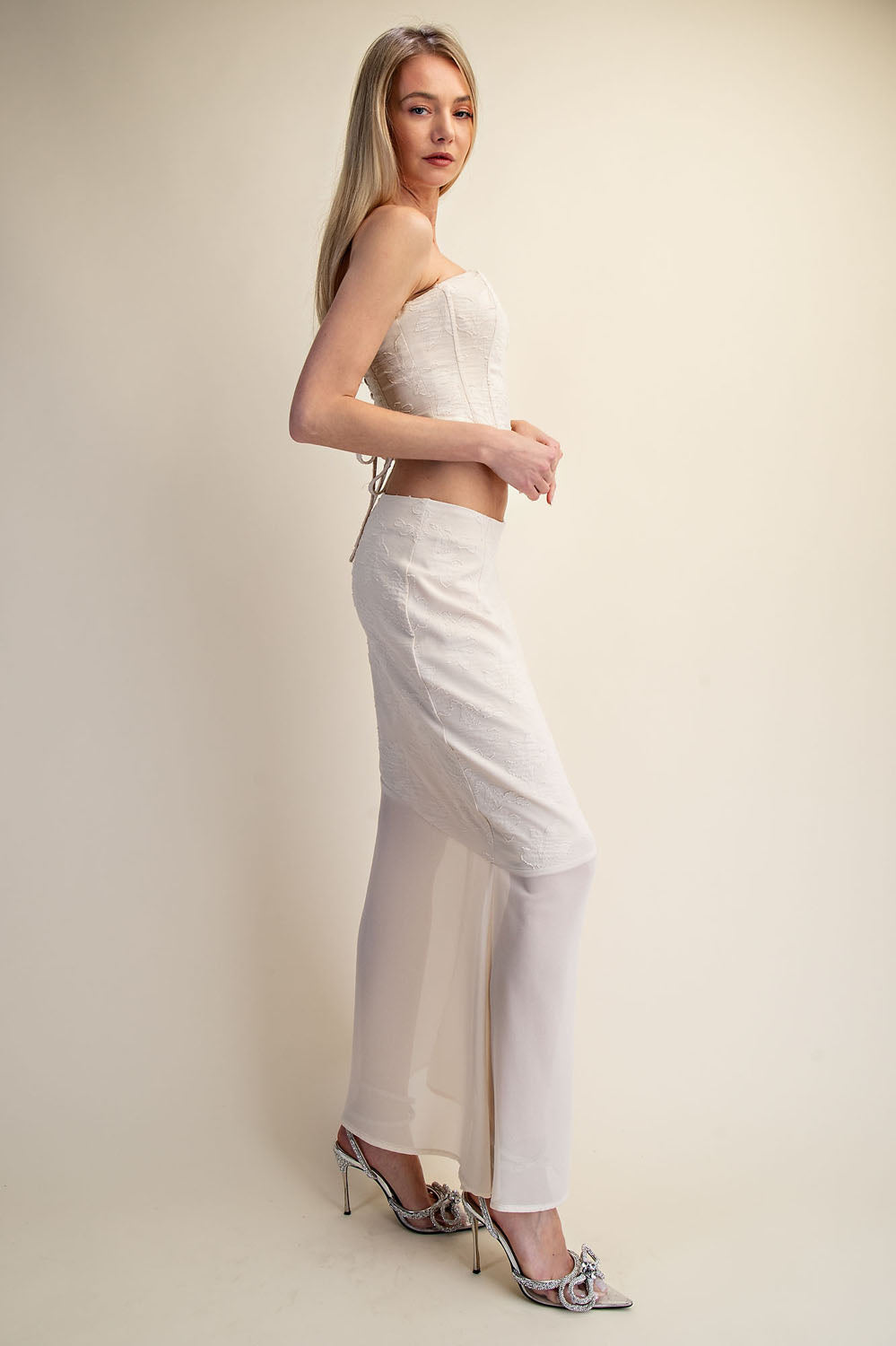 LACE CORSET TOP & SHEER MAXI SKIRT SET - OFF WHITE