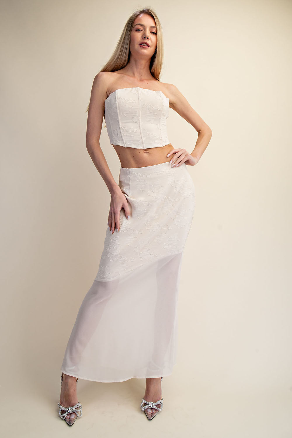 LACE CORSET TOP & SHEER MAXI SKIRT SET - OFF WHITE