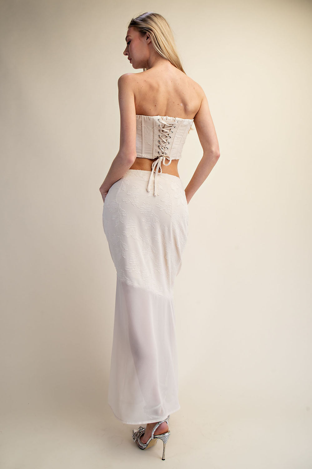 LACE CORSET TOP & SHEER MAXI SKIRT SET - OFF WHITE