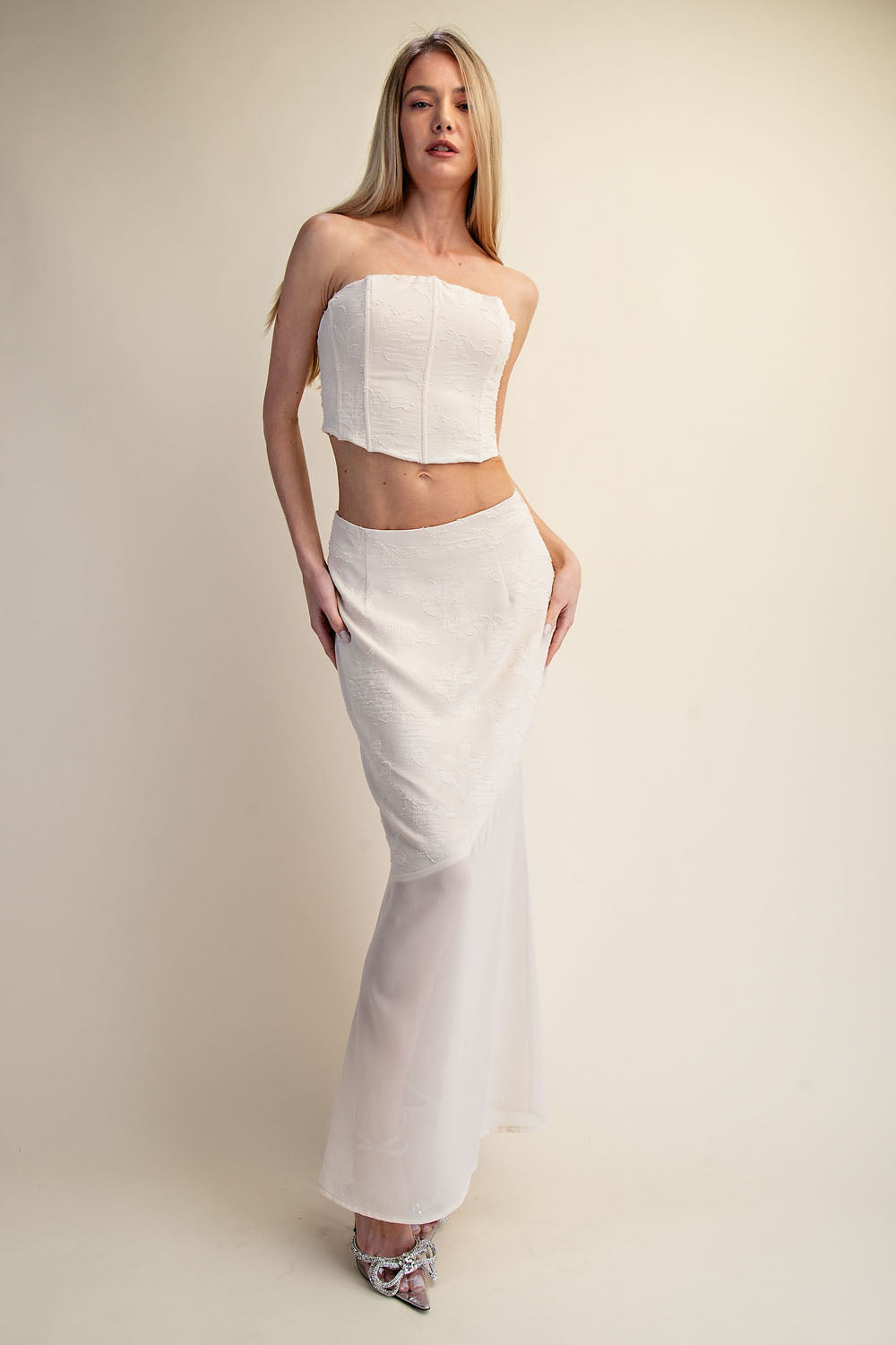 LACE CORSET TOP & SHEER MAXI SKIRT SET - OFF WHITE