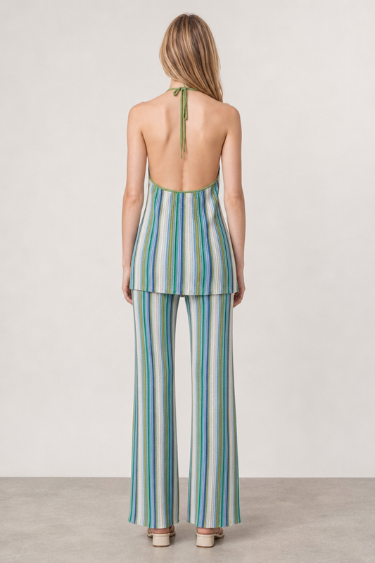 Striped Knit Halter Tunic & Wide-Leg Pants Set
