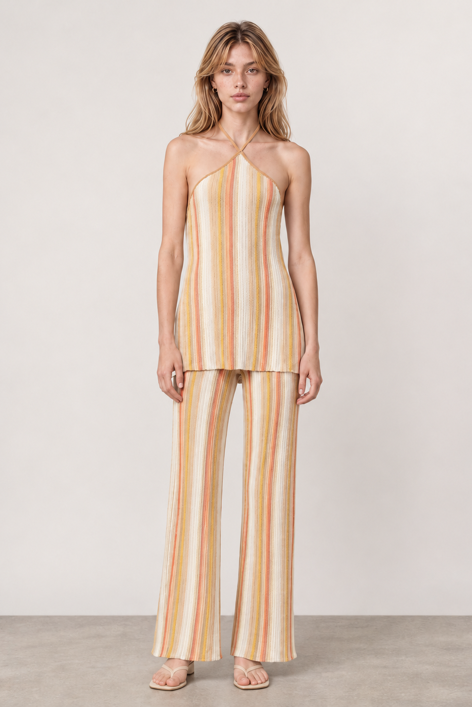 Striped Knit Halter Tunic & Wide-Leg Pants Set
