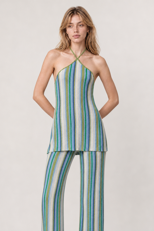 Striped Knit Halter Tunic & Wide-Leg Pants Set