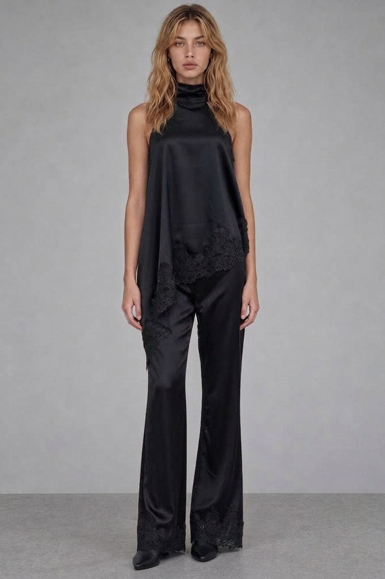 LACE TRIM SATIAN HALTER TOP & WIDE LEG PANTS SET