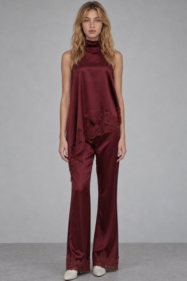 LACE TRIM SATIAN HALTER TOP & WIDE LEG PANTS SET