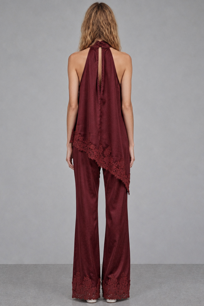 LACE TRIM SATIAN HALTER TOP & WIDE LEG PANTS SET
