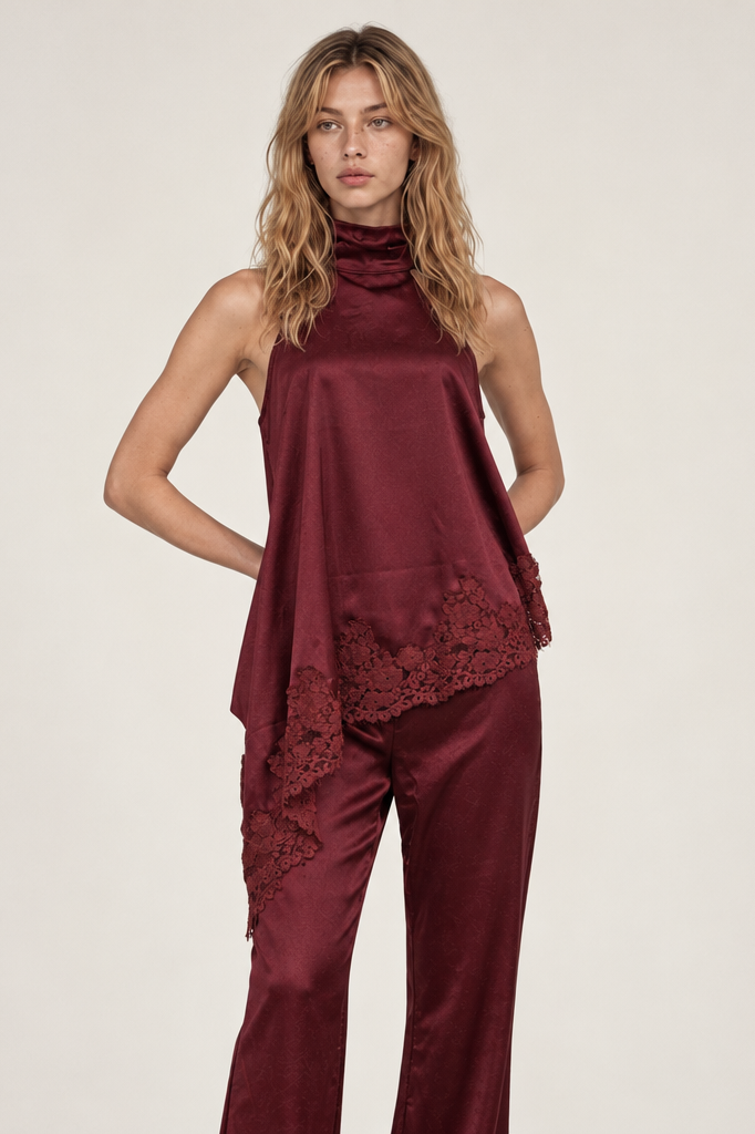 LACE TRIM SATIAN HALTER TOP & WIDE LEG PANTS SET