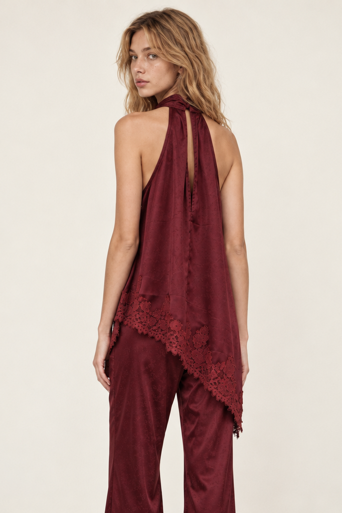 LACE TRIM SATIAN HALTER TOP & WIDE LEG PANTS SET
