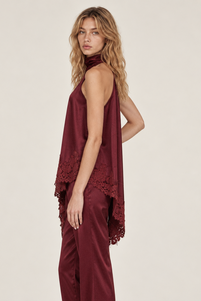 LACE TRIM SATIAN HALTER TOP & WIDE LEG PANTS SET
