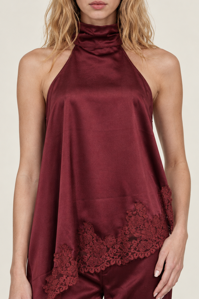LACE TRIM SATIAN HALTER TOP & WIDE LEG PANTS SET