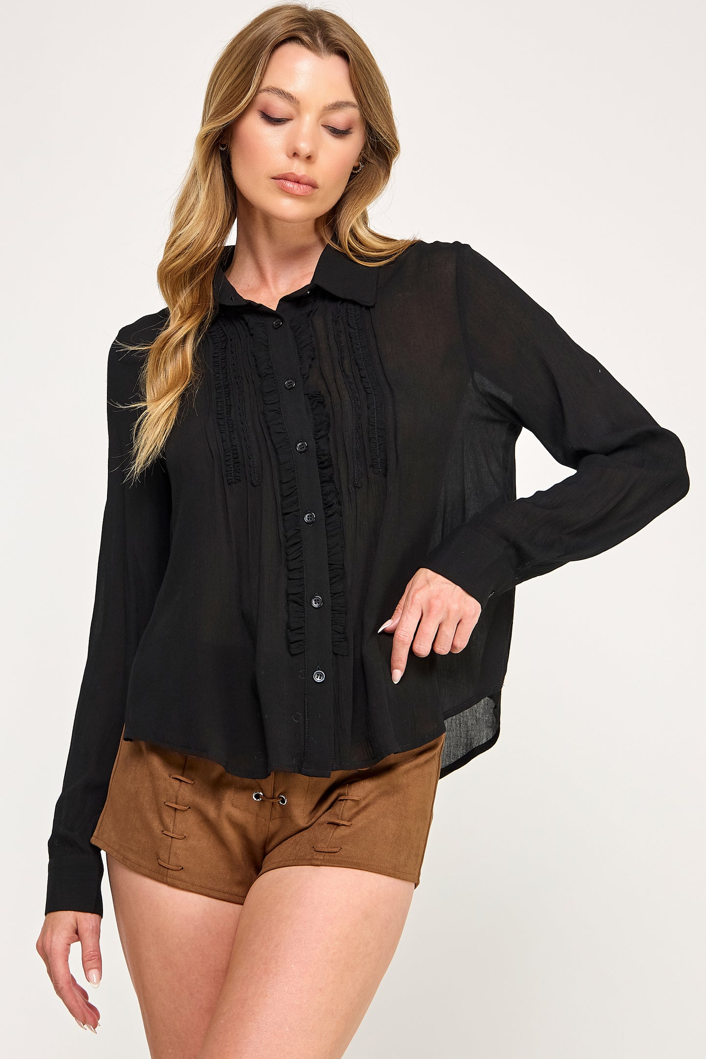 DOVE RUFFLE BLOUSE - LIGHT SHEER PLACKET BUTTON UP
