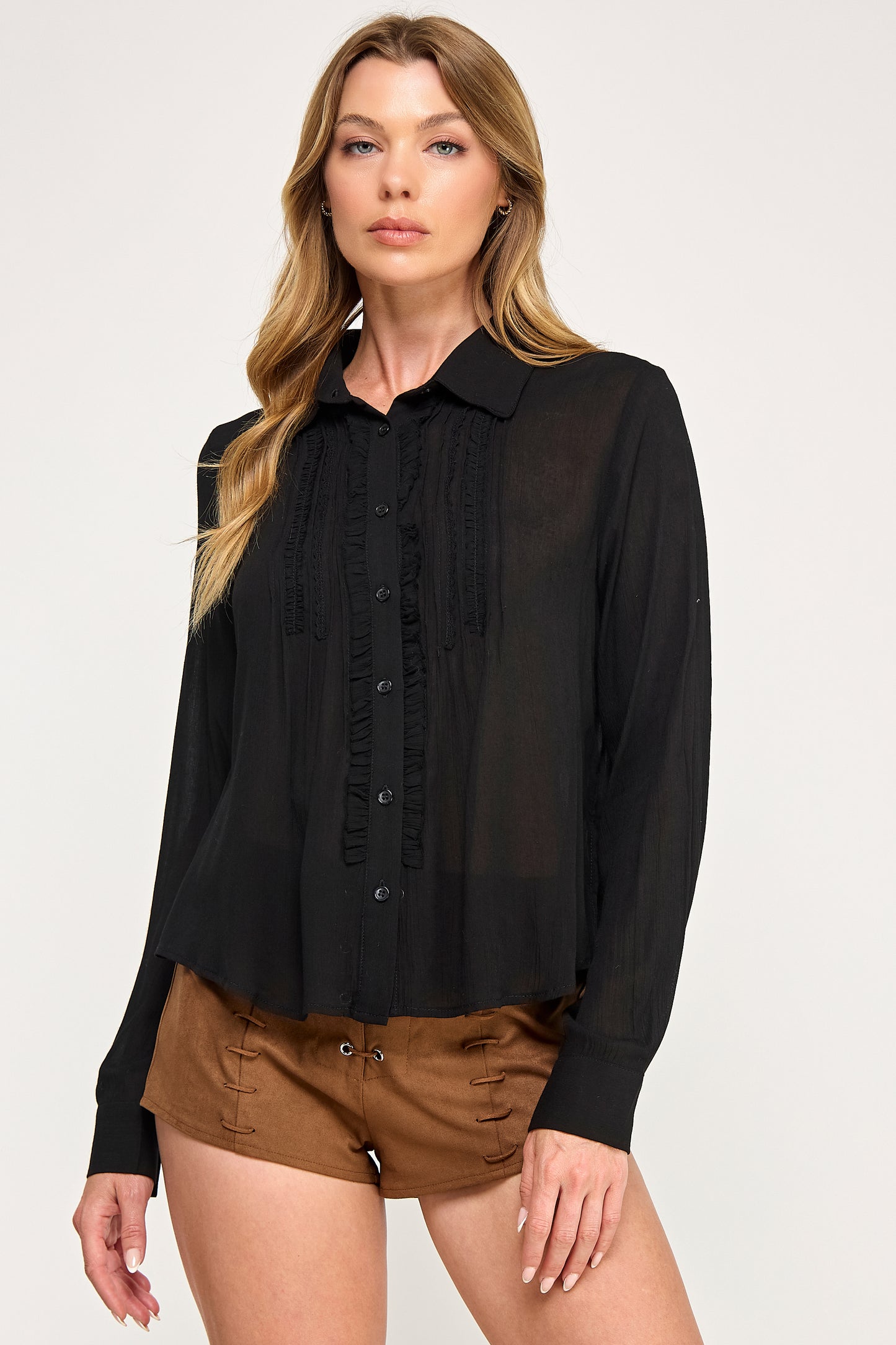 DOVE RUFFLE BLOUSE - LIGHT SHEER PLACKET BUTTON UP