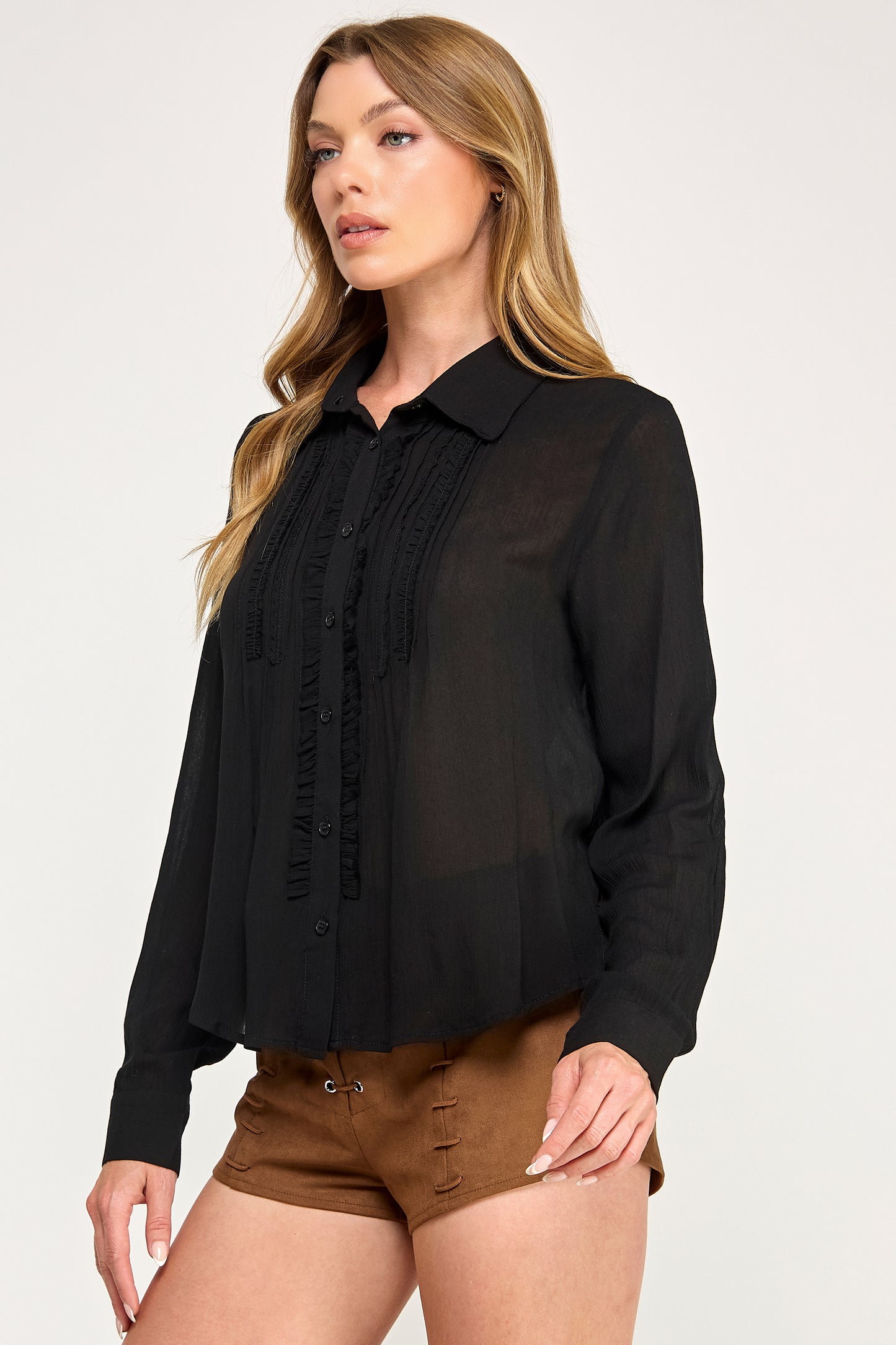 DOVE RUFFLE BLOUSE - LIGHT SHEER PLACKET BUTTON UP