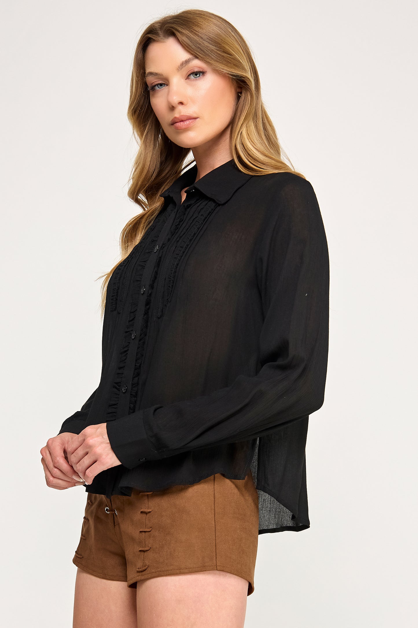 DOVE RUFFLE BLOUSE - LIGHT SHEER PLACKET BUTTON UP