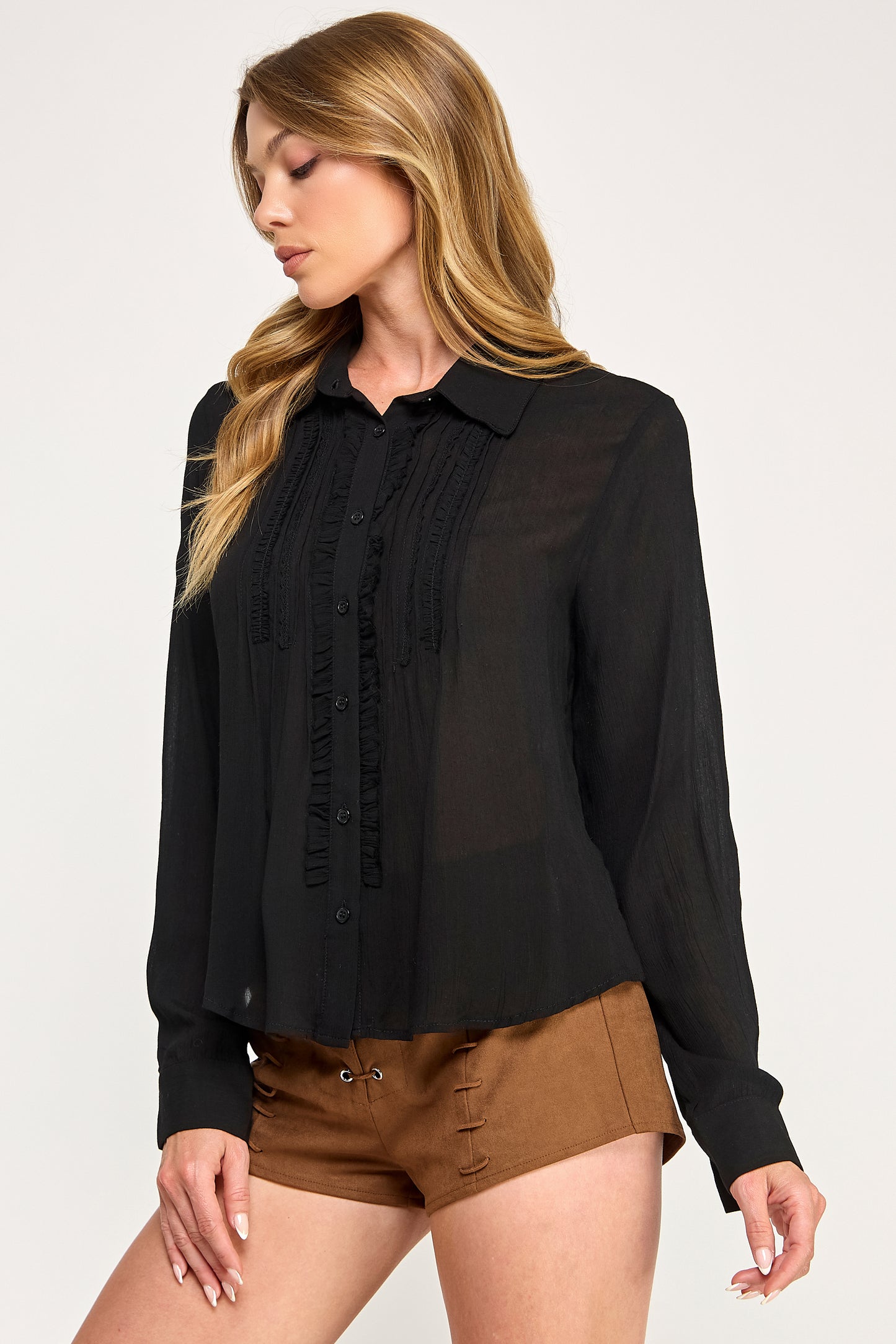 DOVE RUFFLE BLOUSE - LIGHT SHEER PLACKET BUTTON UP