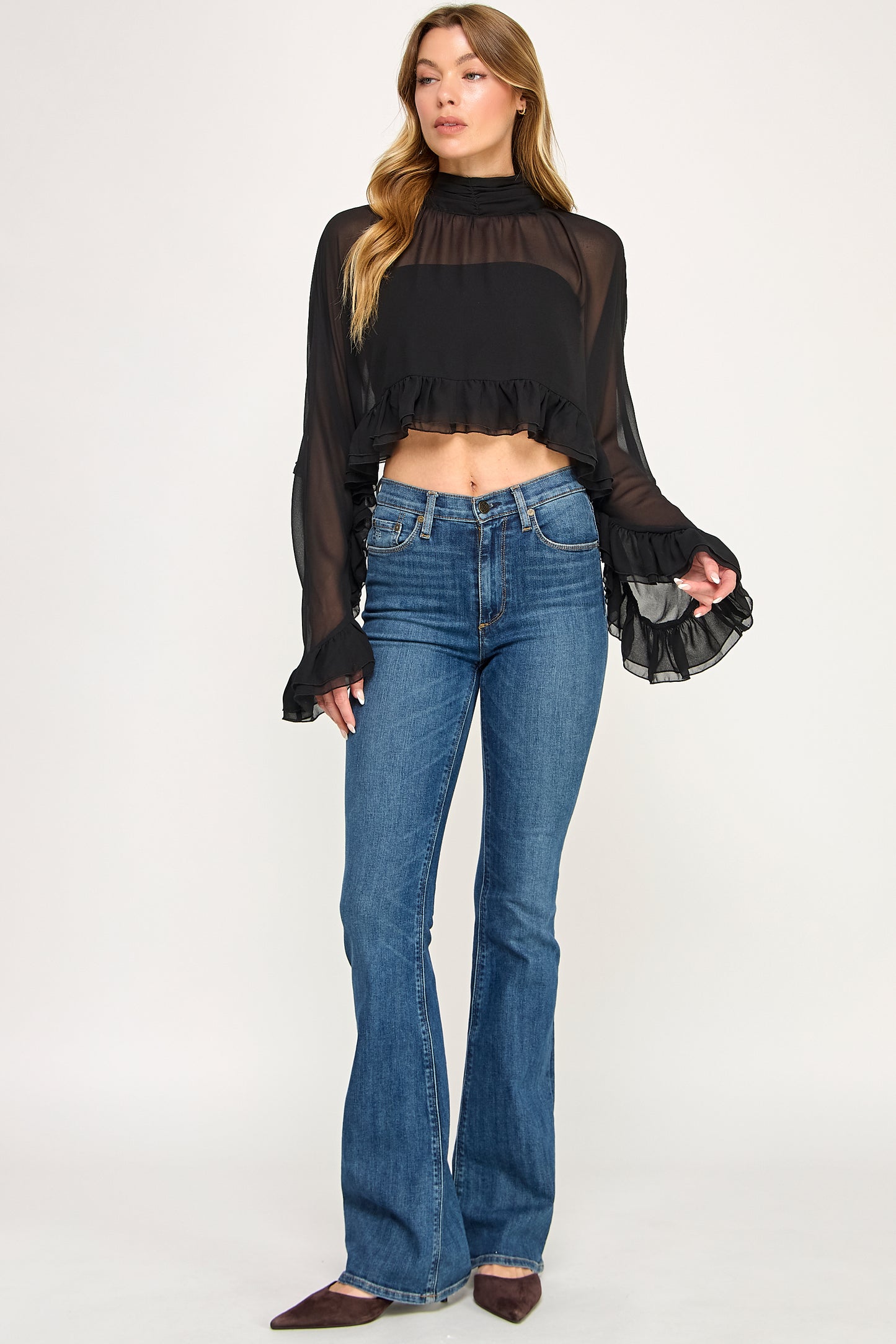 CHIFFON RUFFLE BELL SLEEVE BLOUSE