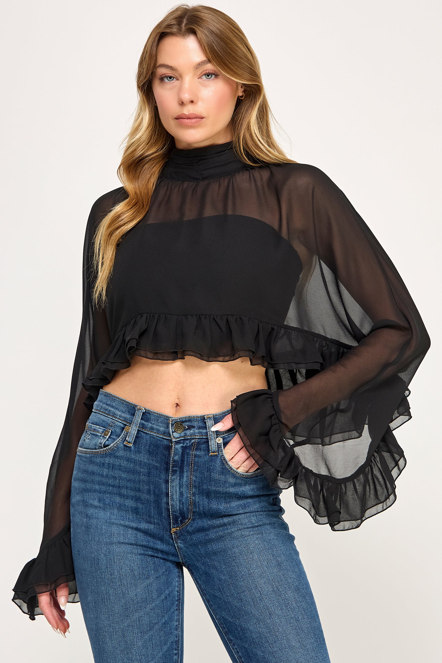 CHIFFON RUFFLE BELL SLEEVE BLOUSE
