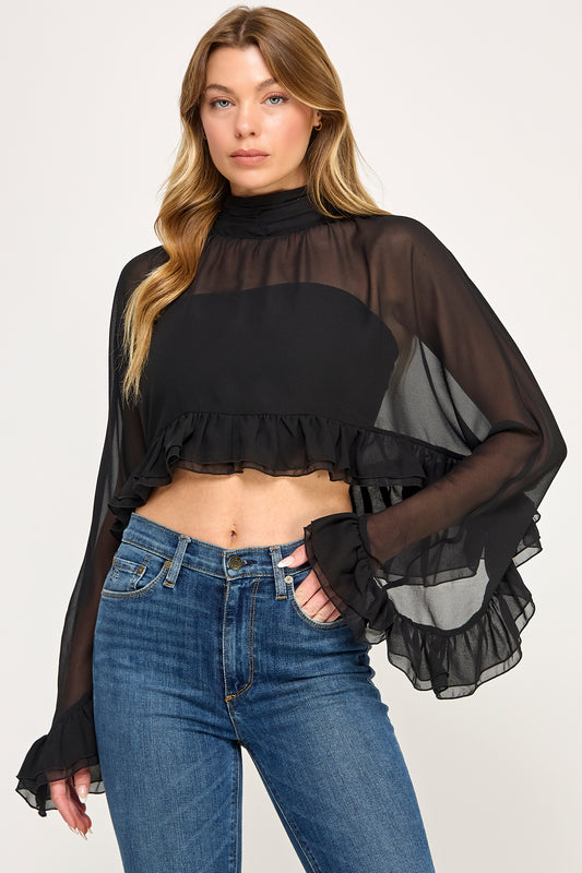 CHIFFON RUFFLE BELL SLEEVE BLOUSE