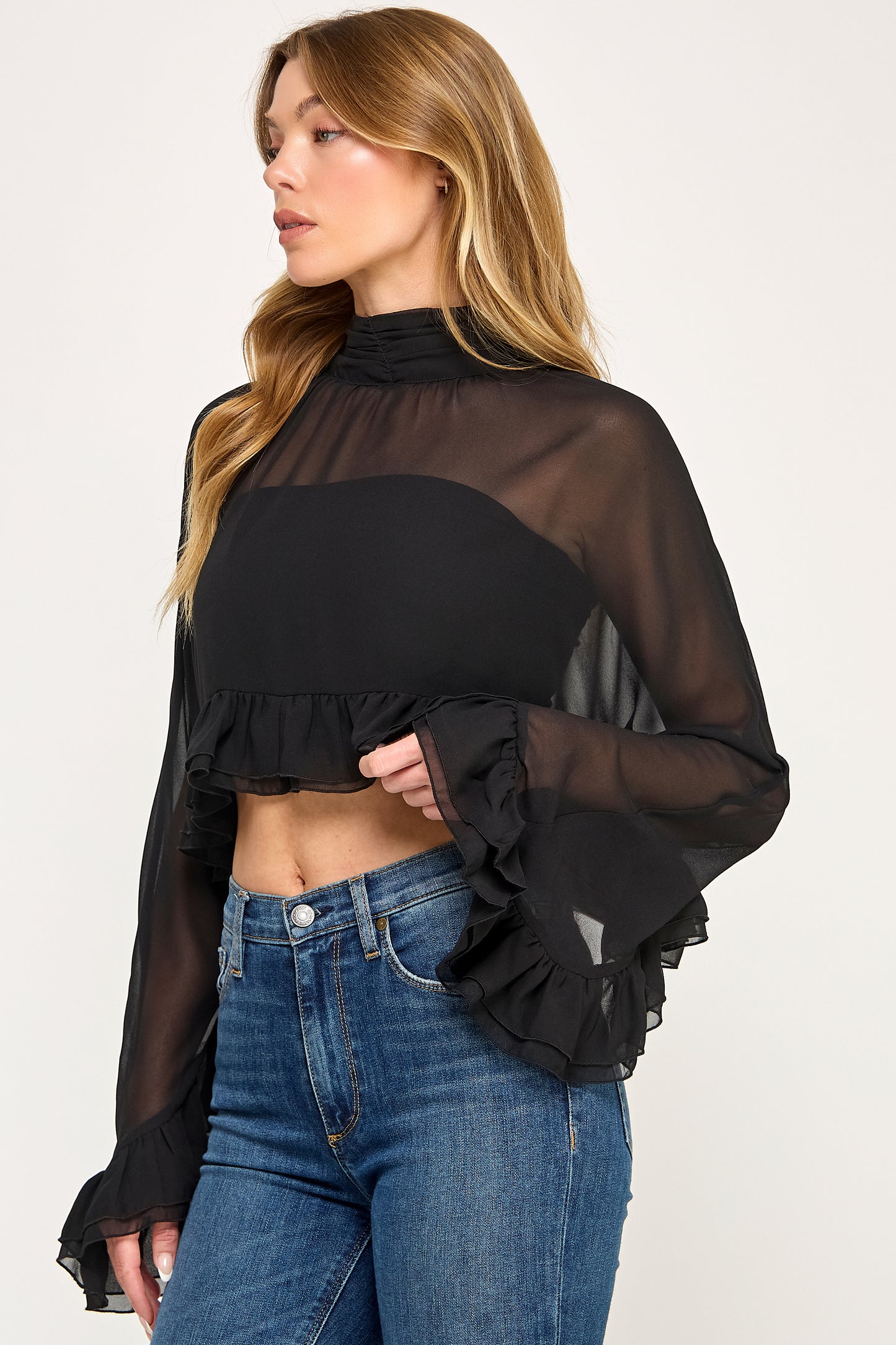 CHIFFON RUFFLE BELL SLEEVE BLOUSE