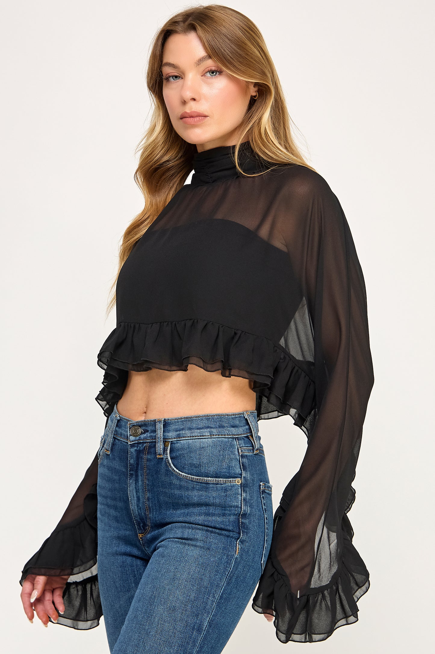 CHIFFON RUFFLE BELL SLEEVE BLOUSE