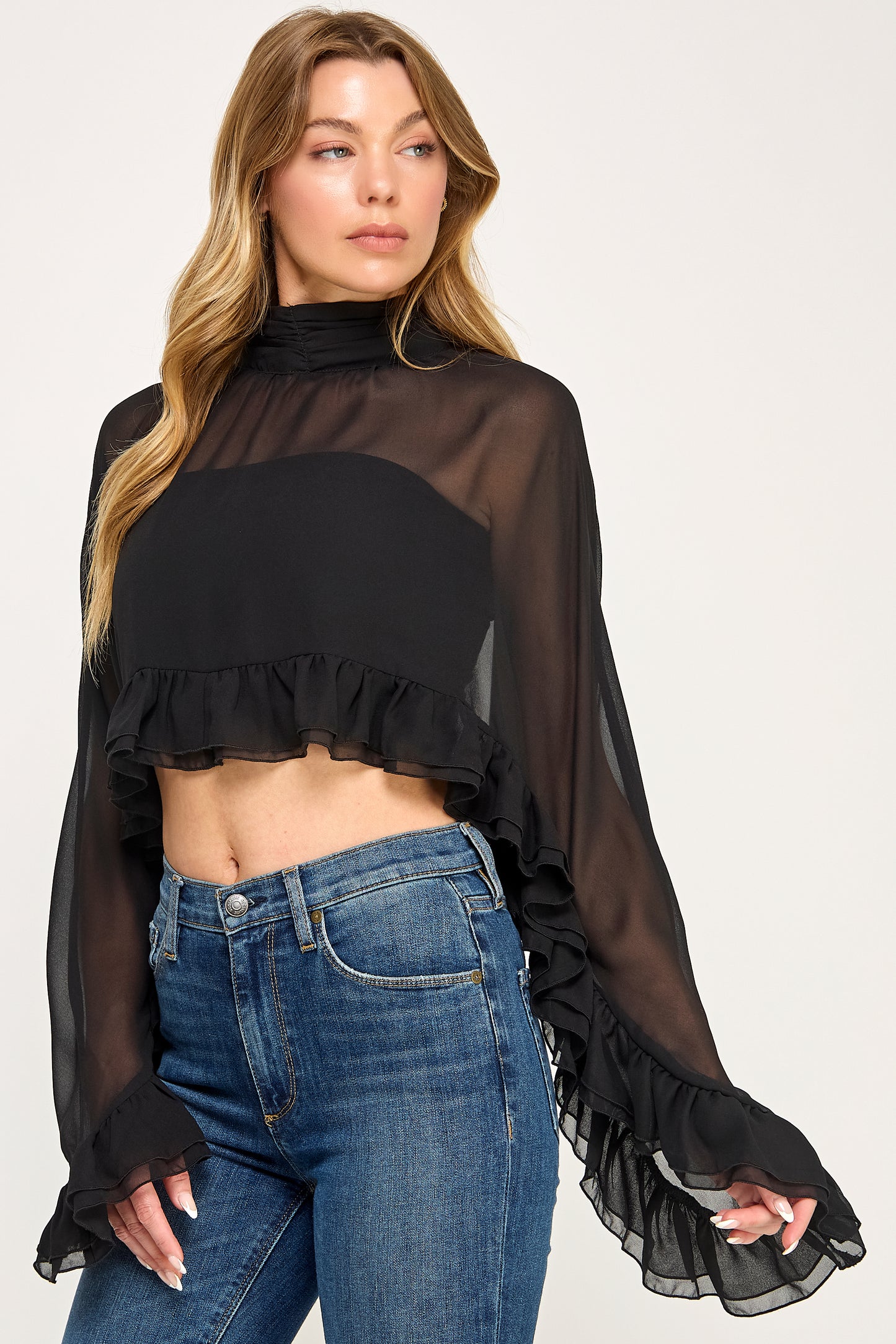 CHIFFON RUFFLE BELL SLEEVE BLOUSE