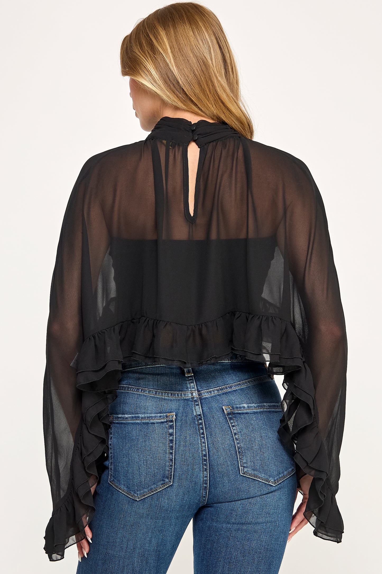 CHIFFON RUFFLE BELL SLEEVE BLOUSE