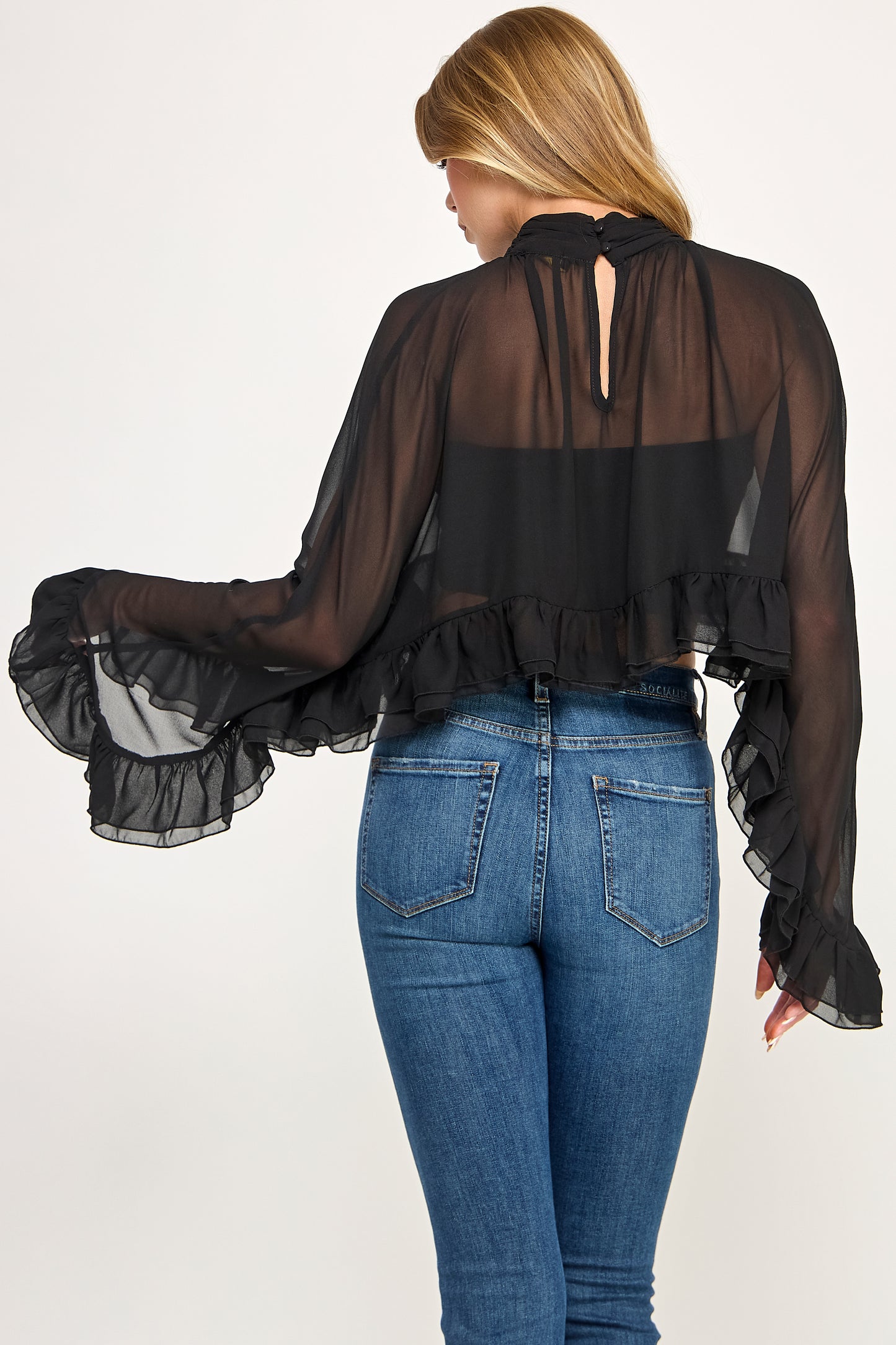 CHIFFON RUFFLE BELL SLEEVE BLOUSE