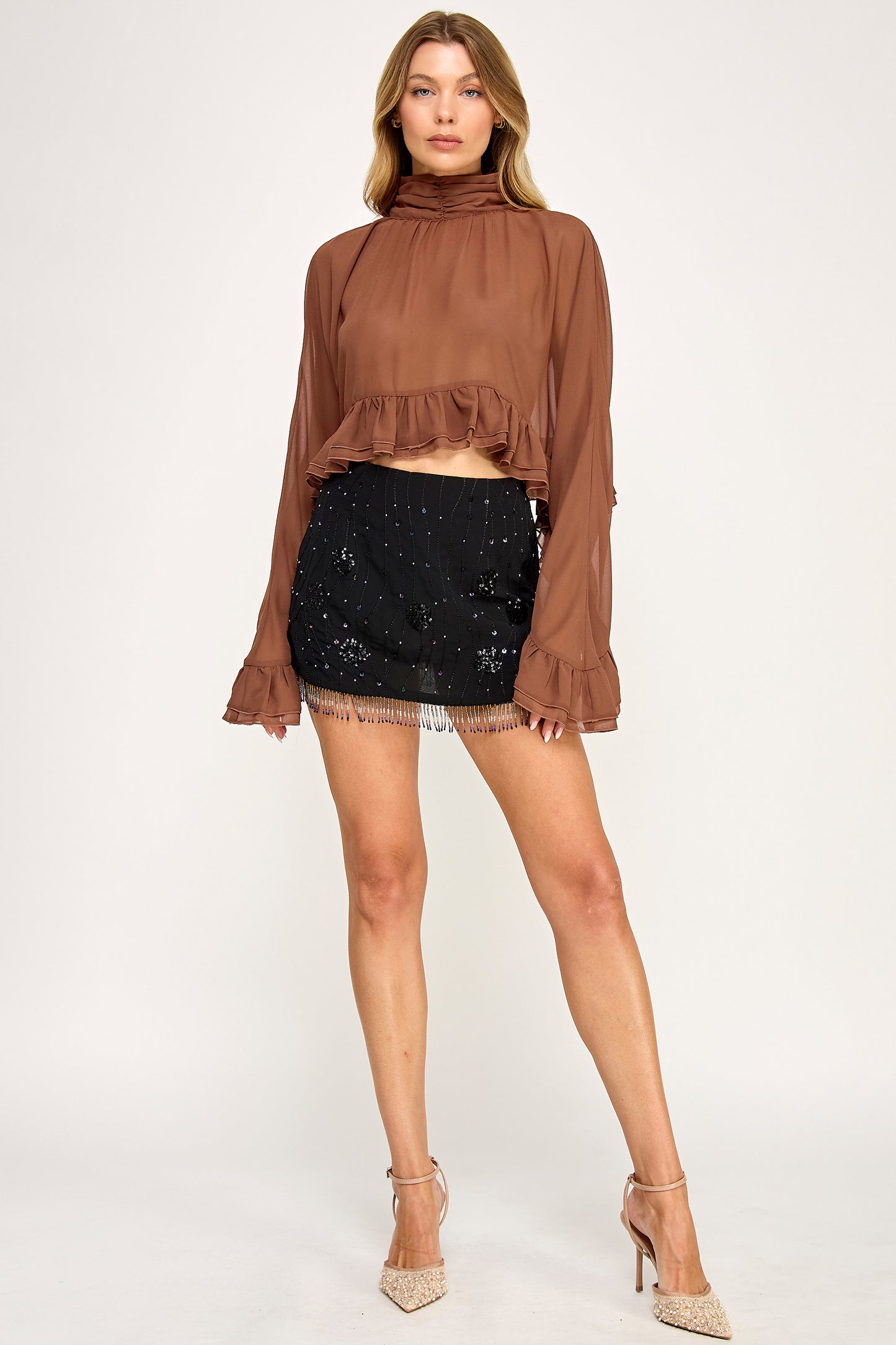 CHIFFON RUFFLE BELL SLEEVE BLOUSE