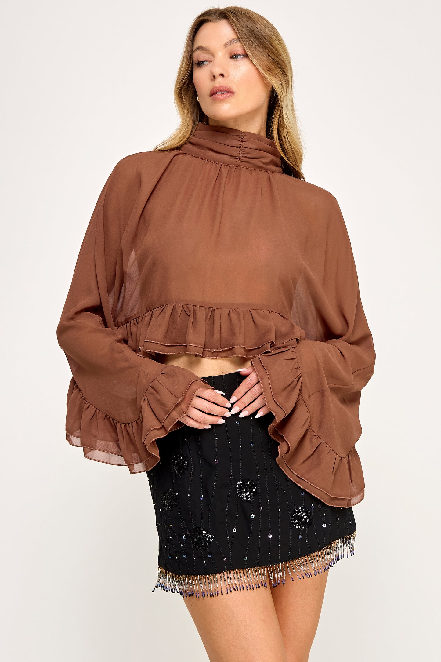 CHIFFON RUFFLE BELL SLEEVE BLOUSE