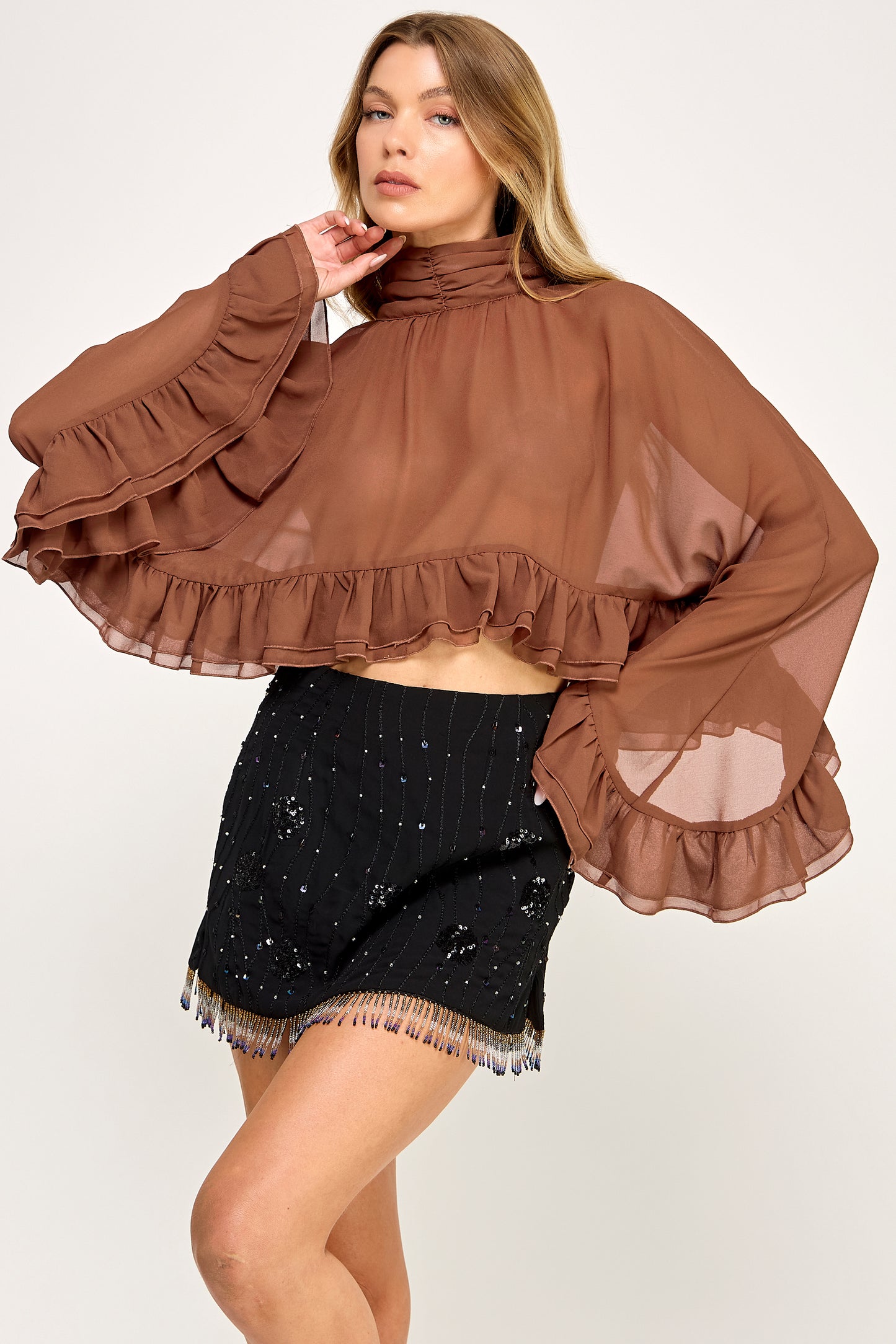 CHIFFON RUFFLE BELL SLEEVE BLOUSE