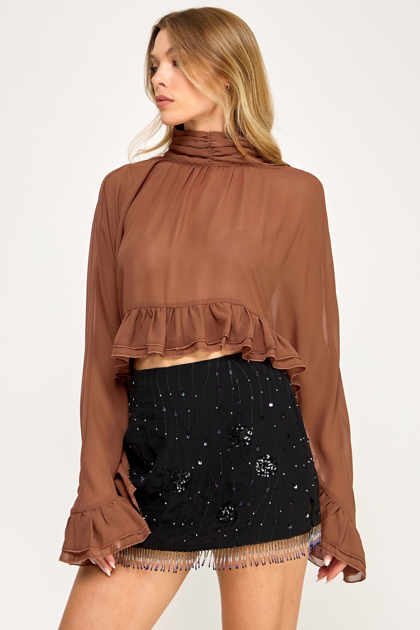 CHIFFON RUFFLE BELL SLEEVE BLOUSE