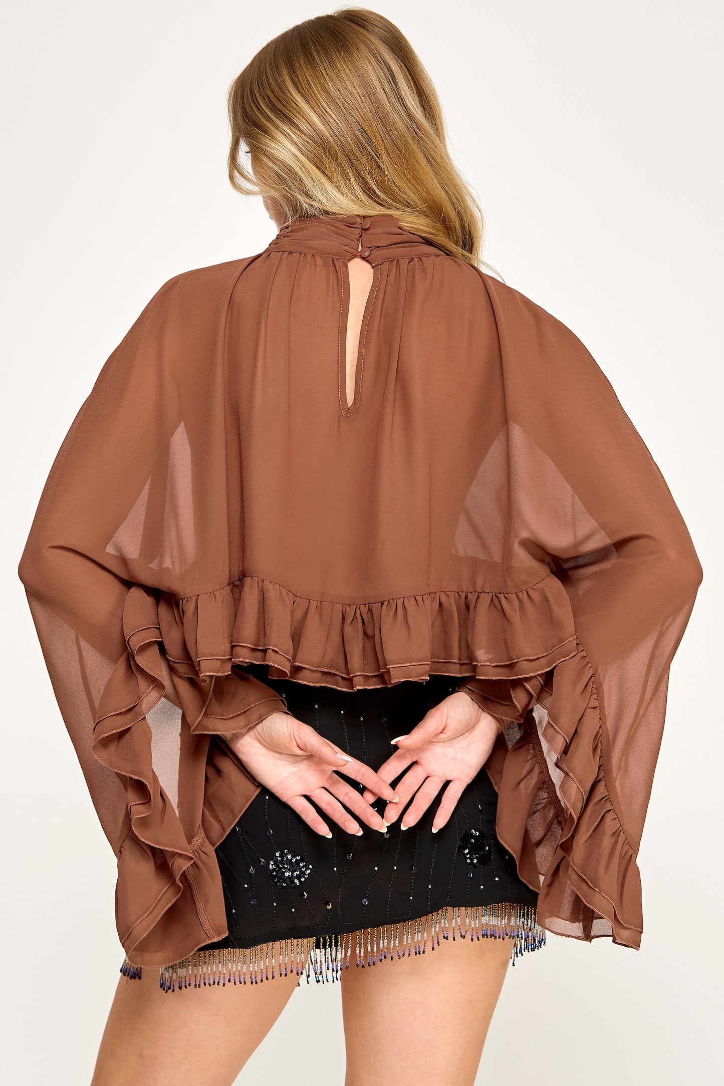 CHIFFON RUFFLE BELL SLEEVE BLOUSE