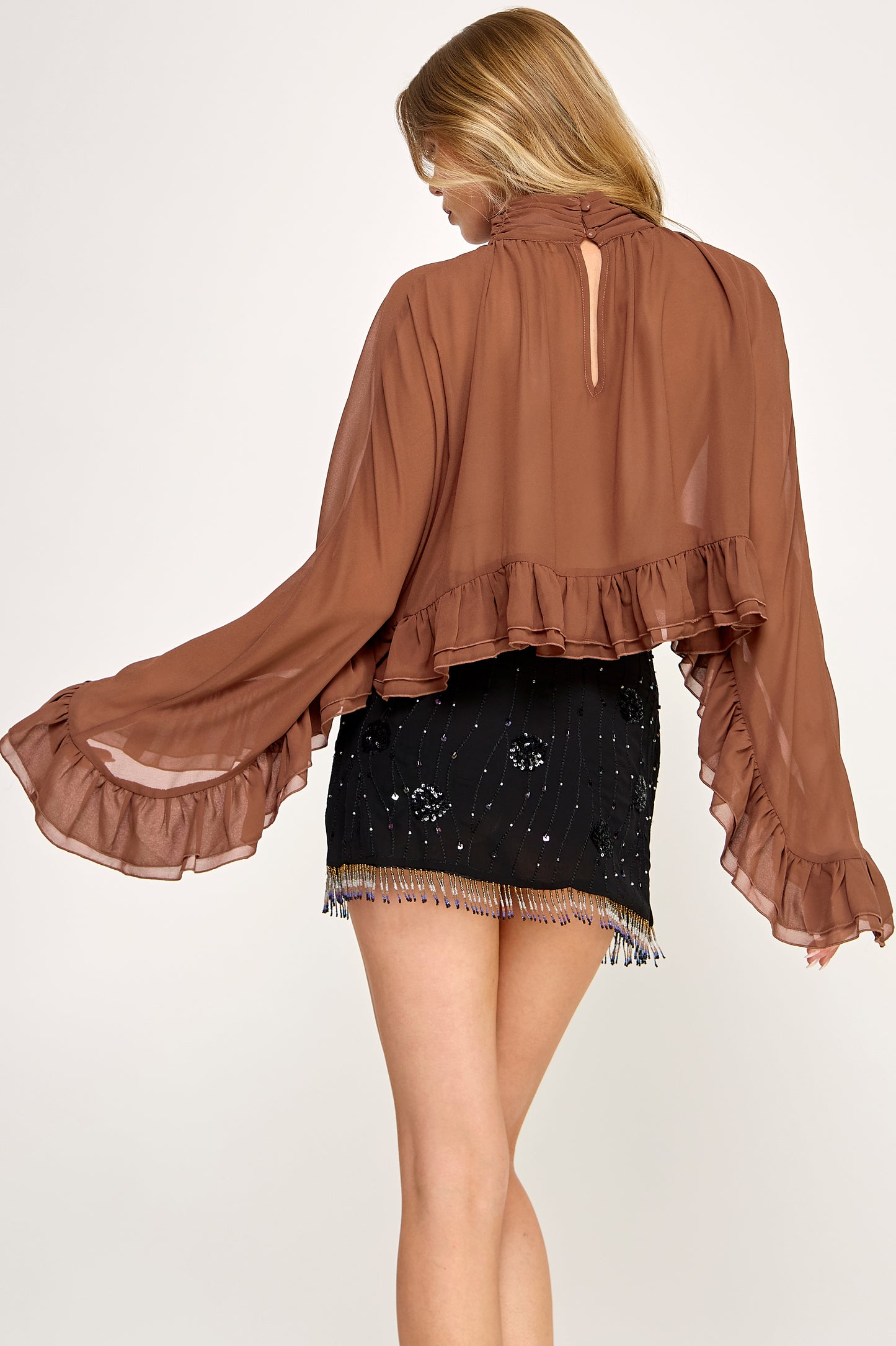 CHIFFON RUFFLE BELL SLEEVE BLOUSE