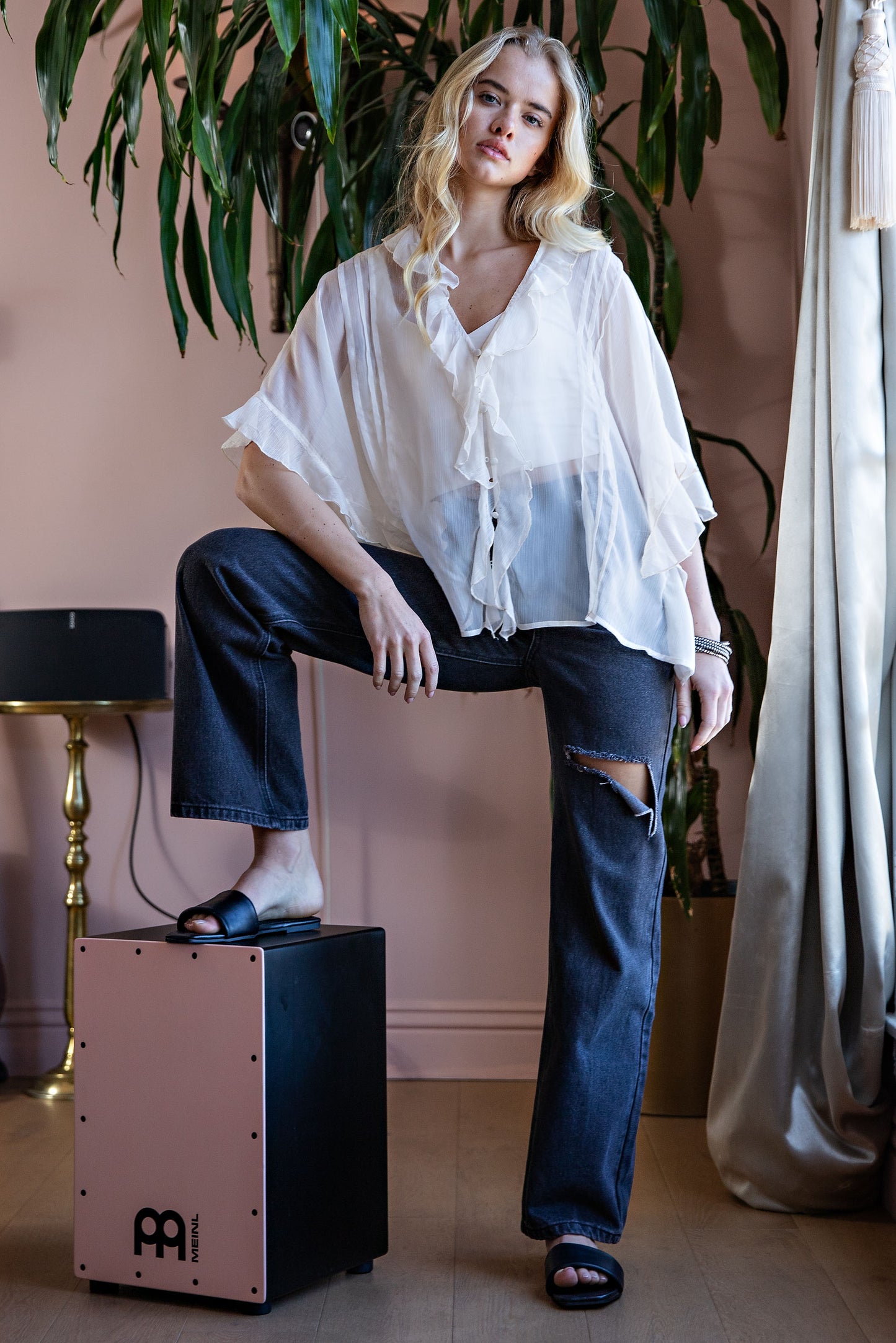 SHEER RUFFLE V-NECK FLOATER SLEEVE BLOUSE