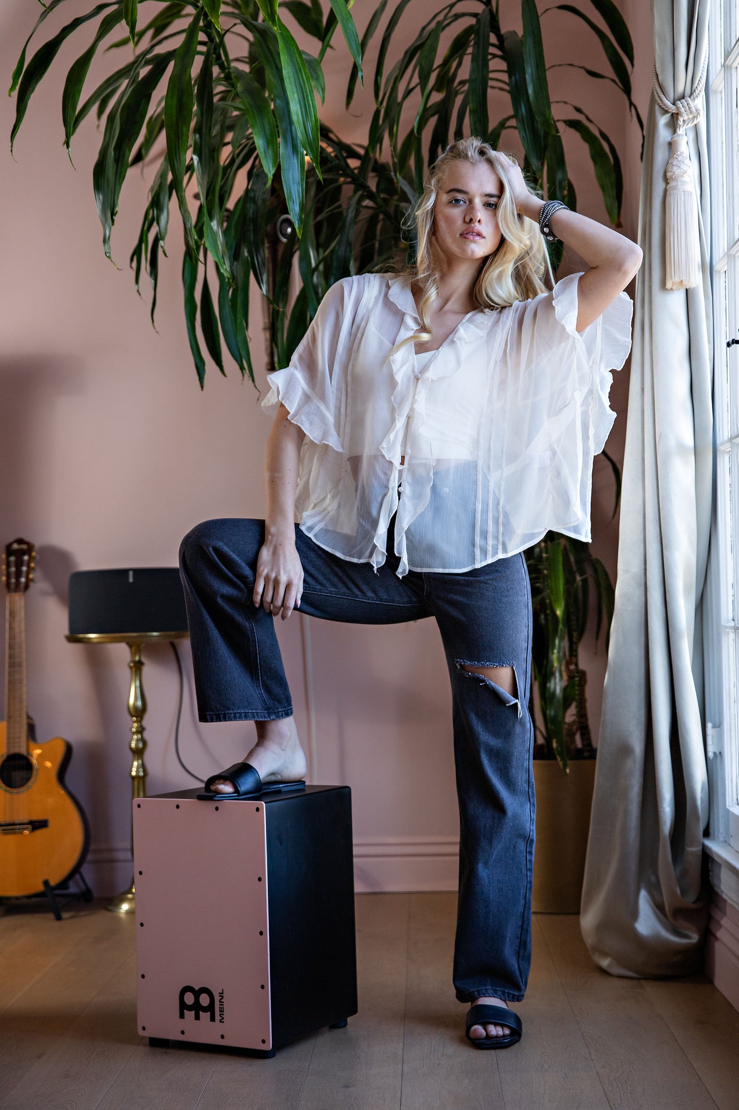 SHEER RUFFLE V-NECK FLOATER SLEEVE BLOUSE