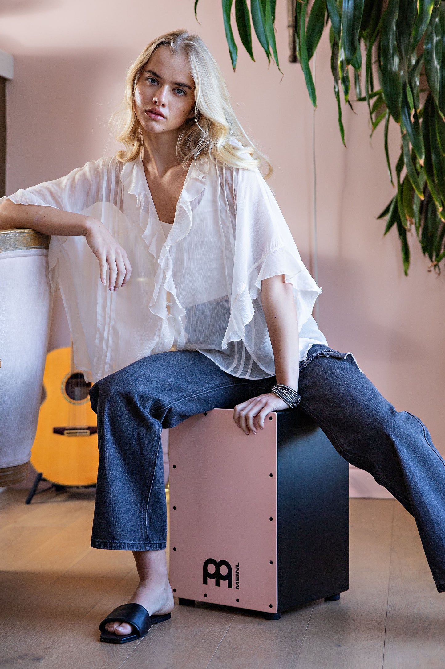 SHEER RUFFLE V-NECK FLOATER SLEEVE BLOUSE