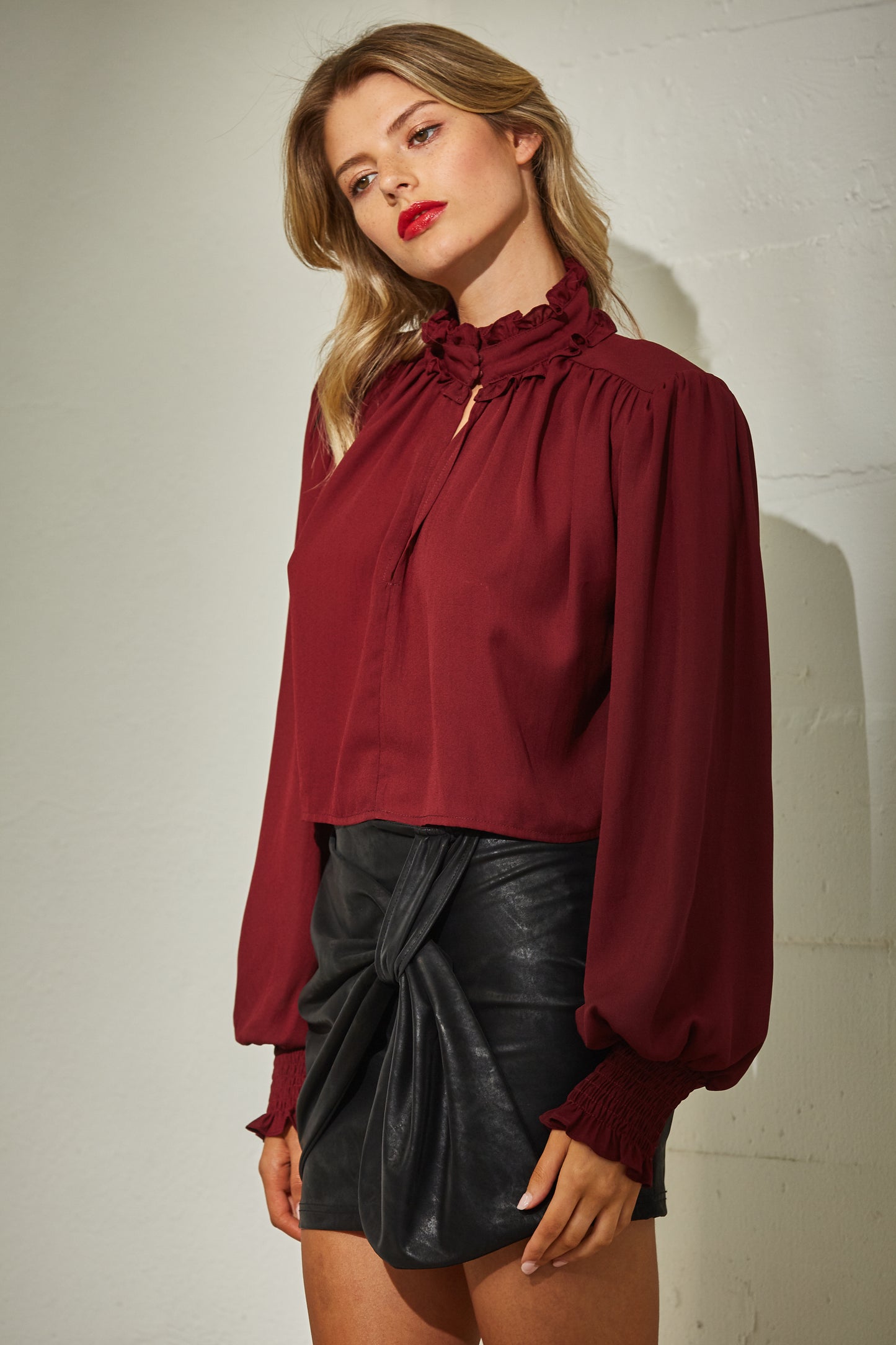 CHIFFON RUFFLE NECK LONG SLEEVE BLOUSE