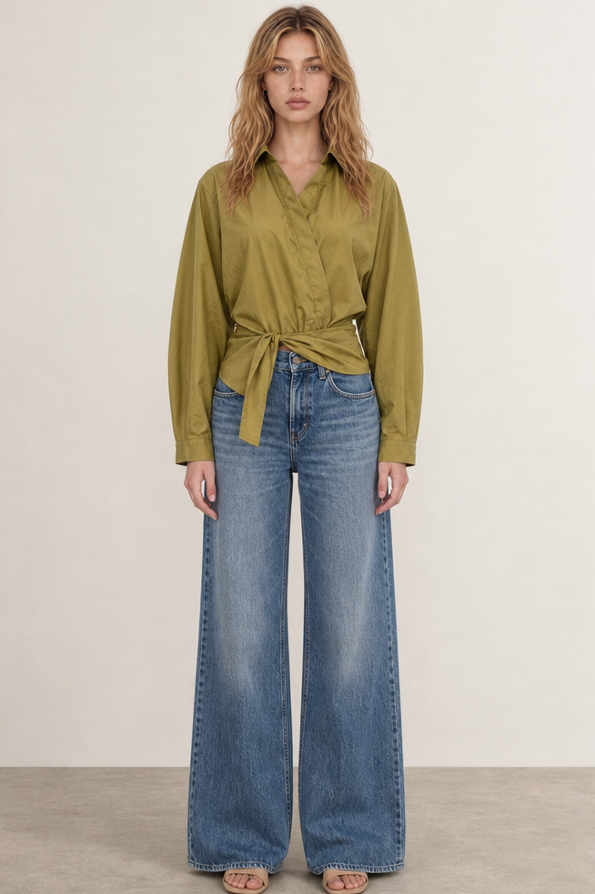 TWISTED WAIST ASYMMETRICAL BUTTON DOWN SHIRT TOP
